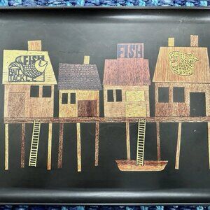 Couroc of Monterey Tray Inlaid Vintage Fish Wharf Bait Tackle Docks MCM